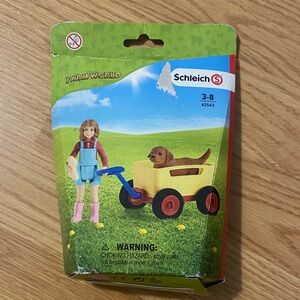 Schleich Farm World Girl with Yellow Wagon and Brown Dog - Kids Toy